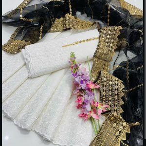 Embroidered White Chikankari Shirt & Trouser with Heavy Organza Foil Dupatta – 3PC