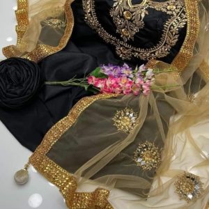 3-Piece Unstitched Dress for Girls – Kataan Mirror Work Shirt, Kataan Trouser, Net Mirror Work Dupatta