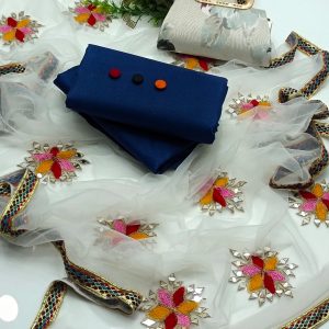 Fancy 4PC Dress – Soft Net Multi Aari & Mirror Work Dupatta, Plain Kattan Silk Shirt & Trouser + Free Floral Printed Purse Gift
