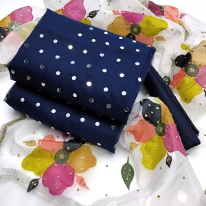 Oil Paint Beautiful Handmade 3-Piece Dress – Organza Mirror Work Shirt with Painted Organza Dupatta & Kattan Silk Trouser