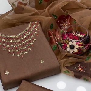 3-Piece Kattan Silk Dress with Handwork Shirt & Hand-Painted Organza Dupatta