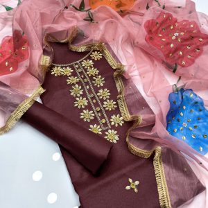 Newest Handmade 3PC Kattan Silk Dress – Oil Paint Organza Dupatta with Kundan, Tube Sitara & Embellished Work