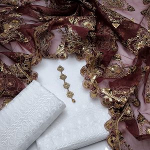 3PC Chicken Embroidered Dress – Cotton Shirt & Trouser with 12" Embroidery, Heavy Organza Sequins Dupatta + Free Mirror Neckline Gift