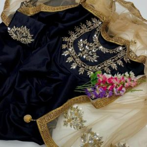 Unstitched 3-Piece Ladies Dress – Kataan Mirror Work Shirt, Kataan Trouser, and Net Mirror Work Dupatta