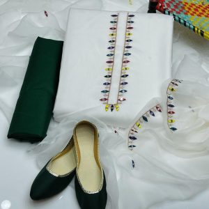 4-Piece Unstitched Dress for Girls – Multi Mirror Work Chiffon Shirt, Plain Kataan Silk Trouser, Chiffon Dupatta, and Complimentary Khussa