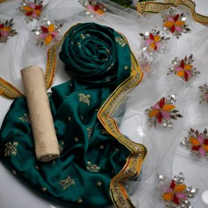 Fancy 3PC Dress Collection – Shamoz Silk Shirt with Sequence Jhumka Work, Masoori Trouser & Heavy Net Dupatta with Multi Gotta Lace Borders