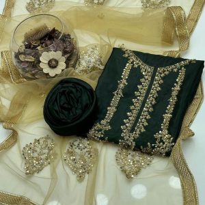 3-Piece Kattan Silk Dress – Ari & Nagina Beads Work Shirt, Heavy Handworked Dupatta & Matching Trouser