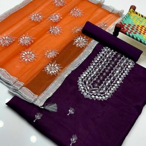 3-Piece Unstitched Fancy Suit for Women – Kataan Mirror Work Shirt & Trouser with Net Indian Lace Contrast Dupatta