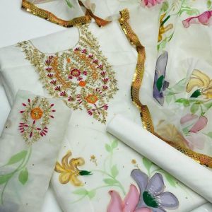 3-Piece Indian Organza Dress – Heavy Handmade Galla & Bazu Work with Brush Pant Dupatta | Kattan Silk Trouser