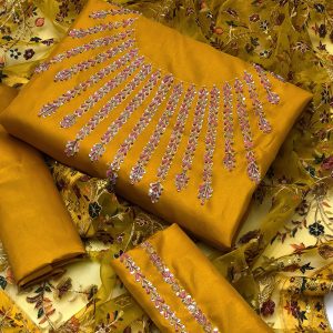 Party Wear 3PC Dress – Kattan Silk Crystal Hand Work Shirt, Organza Embroidered Dupatta & Tassel Detailing