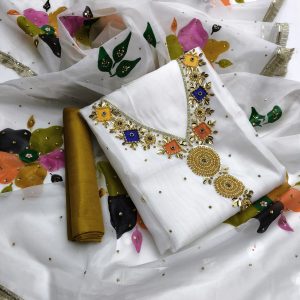 Latest Handmade Oil Paint 3PC Dress – Khaddi Net Shirt with Moti, Sitara & Nageena Work, Kattan Silk Trouser & Painted Organza Dupatta