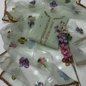 2-Piece Unstitched Dress for Girls – Indian Organza Handmade Beads Work Shirt with Organza Brush Paint & Butterfly Work Dupatta