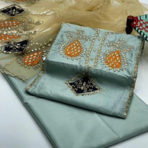 3-Piece Unstitched Dress for Girls – Kataan Silk Multi Appliqué Mirror Work Shirt, Plain Kataan Silk Trouser, Golden Multi Appliqué Heavy Mirror Work Dupatta