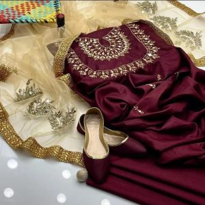 4-Piece Unstitched Suit for Women – Kataan Mirror Work Shirt, Plain Kataan Trouser, Net Mirror Work Dupatta with Fancy Khussa