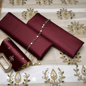 Fancy 4PC Dress – Soft Net Aari & Mirror Work Dupatta, Plain Kattan Silk Shirt & Trouser + Free Heavy Embroidered Clutch Gift