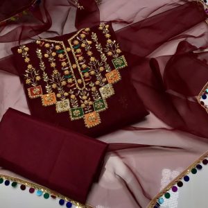 3-Piece Fancy Unstitched Suit – Organza Handmade Embroidered Shirt & Dupatta with Kataan Silk Trouser