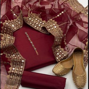 New Fancy 4-Piece Kattan Silk Suit with 9MM Work Dupatta + Free Khussa & Neckline Gift