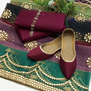 Kattan Silk 3-Piece Suit with Pure Multi Organza Foil Embroidered Dupatta + Khussa & Neckline Gift Set