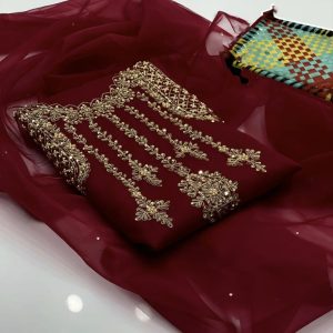 2-Piece Unstitched Dress for Girls – Organza Tilla Aari Beads Embroidery Handmade Shirt with Organza Kundan Dupatta