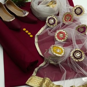 Kattan Silk 3-Piece Dress with Handmade Gotta Dupatta + Khussa & Button Gift Set