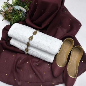 New Chickenkari 3PC Embroidered Cotton Dress – 12" Daman & Trouser Embroidery, Bindi Work Chiffon Dupatta + Free Khussa & Mirror Neckline Gift