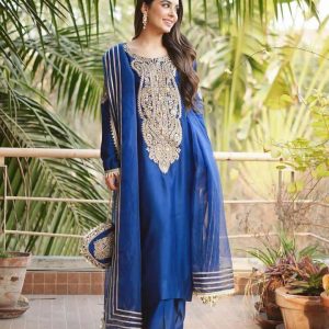 5-Piece Unstitched Dress for Girls – Kataan Shirt and Trouser, Organza Dupatta with 4-Side Lace, Fancy Khussa, and Matching Bag