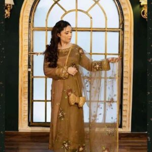 3-Piece Unstitched Dress for Girls – Kataan Silk Handmade Zari Beads Work Shirt, Plain Trouser, Organza Hand-Painted Sequin Detailing Dupatta