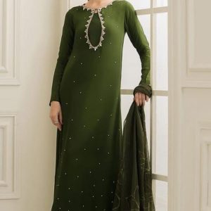 3-Piece Shamoz Silk Embroidered Dress – Organza Brush Pant Style Dupatta | Elegant Festive Wear