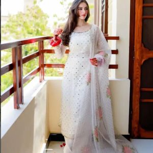 3-Piece Original Mirror Work Dress – Pure Organza Shirt, Brush Pant Dupatta & Kattan Silk Trouser | Luxury Formal Wear