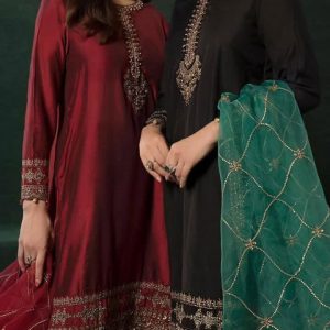 3-Piece Shine Kattan Silk Dress – Heavy Adda Work Shirt, Mirror & Tilla Dupatta, Matching Trouser