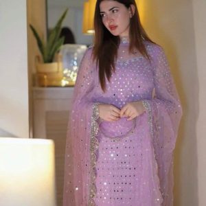Fancy 3-Piece Chiffon Dress – Heavy Sheesha & Zaari Work with Cutwork Dupatta