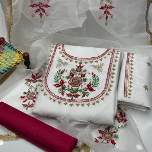 3-Piece Unstitched Dress for Girls – Handmade Resham, Cut Dana, and Moti Work Shirt, Kataan Trouser with 4-Side Border Dupatta