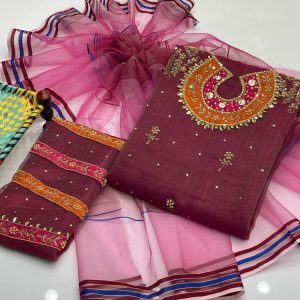2-Piece Unstitched Dress for Girls – Rangoli Organza Handmade Appliqué Work Shirt with Multi-Lining Dupatta