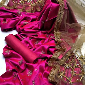 Fancy 3PC Embroidered Dress – Shamooz Silk Shirt, Indian Net Hand-Embroidered Dupatta, Kattan Silk Trouser