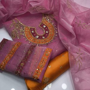 Handmade Party Wear 3PC Dress – Pure Organza Shirt with Multi Applique, Gotta & Shamoz Silk Embroidered Trouser