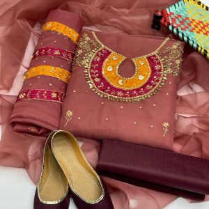 4-Piece Premium Organza Dress – Handmade Aari, Zari & Beads Work with Matching Khussa | Festive & Wedding Wear