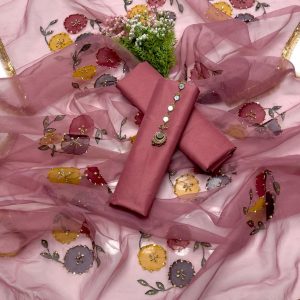 Pure Kattan Silk 2-Piece Dress – Organza Dupatta with Brush Pant & Heavy Nagina Beads Work | Free Mirror Neckline