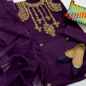 4-Piece Fancy Wedding Wear Dress for Women – Organza Aari Beads Embroidered Shirt & Dupatta, Kataan Silk Trouser with Complimentary Khussa