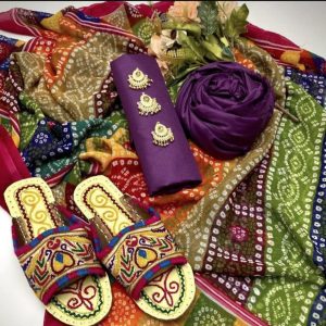 Kattan Silk Shirt & Trouser with Multi-Color Chunri Dupatta & Handmade Sleeper Gift