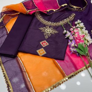 3-Piece Unstitched Dress for Girls – Kattan Silk Multi Appliqué & Beads Work Shirt, Matching Kattan Silk Trouser, Pure Organza Multi-Color Dupatta with Sika Lace