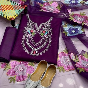 4-Piece Premium Organza Dress – Mirror & Tilla Work Shirt, 3D Embroidered Dupatta, Kattan Silk Trouser & Khussa
