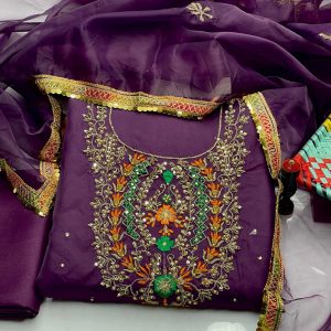 3-Piece Pure Indian Organza Suit – Malti Embroidery, Nagina Beads & Boti Work Dupatta