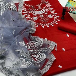 3-Piece Unstitched Pakistani Wedding Dress – Kataan Silk Shirt & Trouser with Net Mirror Work Dupatta