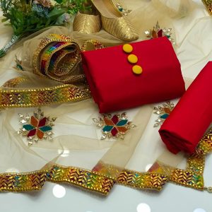 New Fancy 3PC Dress – Heavy Multi Aari & Mirror Work Dupatta with Tassels, Kattan Silk Shirt & Trouser + Khussa & Handmade Buttons Gift