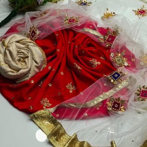 Shamoz Silk Embroidered Shirt with Net Handmade Dupatta & Masoori Trouser