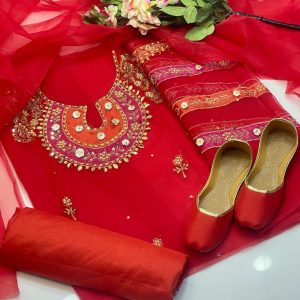 Elegant 4-Piece Unstitched Wedding Dress for Women/Girls – Handmade Organza Shirt, Kataan Silk Trouser, Booti Work Dupatta & Complementary Khussa