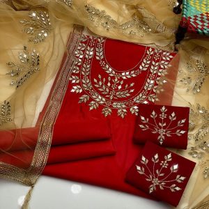 3-Piece Pure Kattan Silk Dress – Heavy Mirror Work Embroidery Shirt with Golden Net Dupatta | Formal & Festive Wear