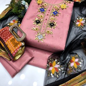 4PC Pure Handmade Dress – Kattan Silk Shirt with Moti, Sitara & Kundan Work, Mirror Work Net Dupatta, Plain Trouser & Chunri Clutch Gift