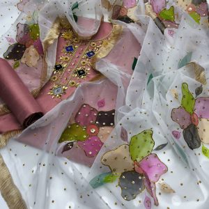 Handmade Oil Paint 3PC Dress – Kattan Silk Shirt & Trouser with Heavy Applique, Moti & Sitara Work, Organza Dupatta with Paint & Glitter Lace Border