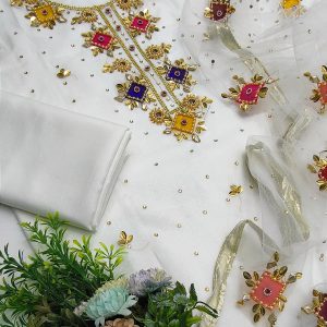 3-Piece Formal Dress – Embroidered Shirt with Heavy Indian Organza Dupatta & Kattan Silk Trouser